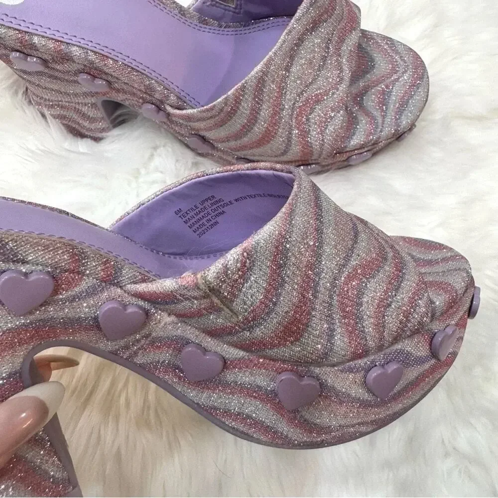 GB Heart-String Sparkle Swirl Heart Studded Platform Slide Sandals Sz 6